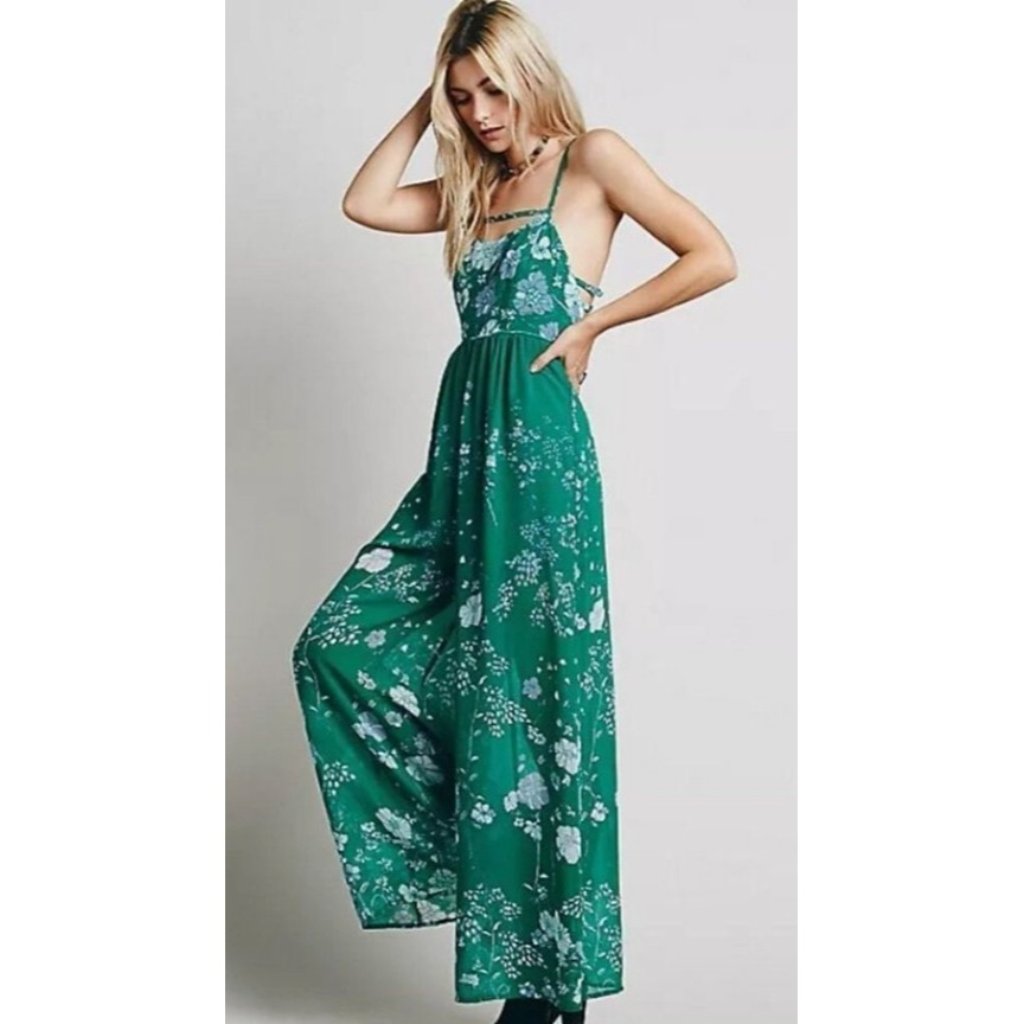 Free People Green Floral Meadow Rue Sleeveless Wide Leg Jumpsuit, Size 0